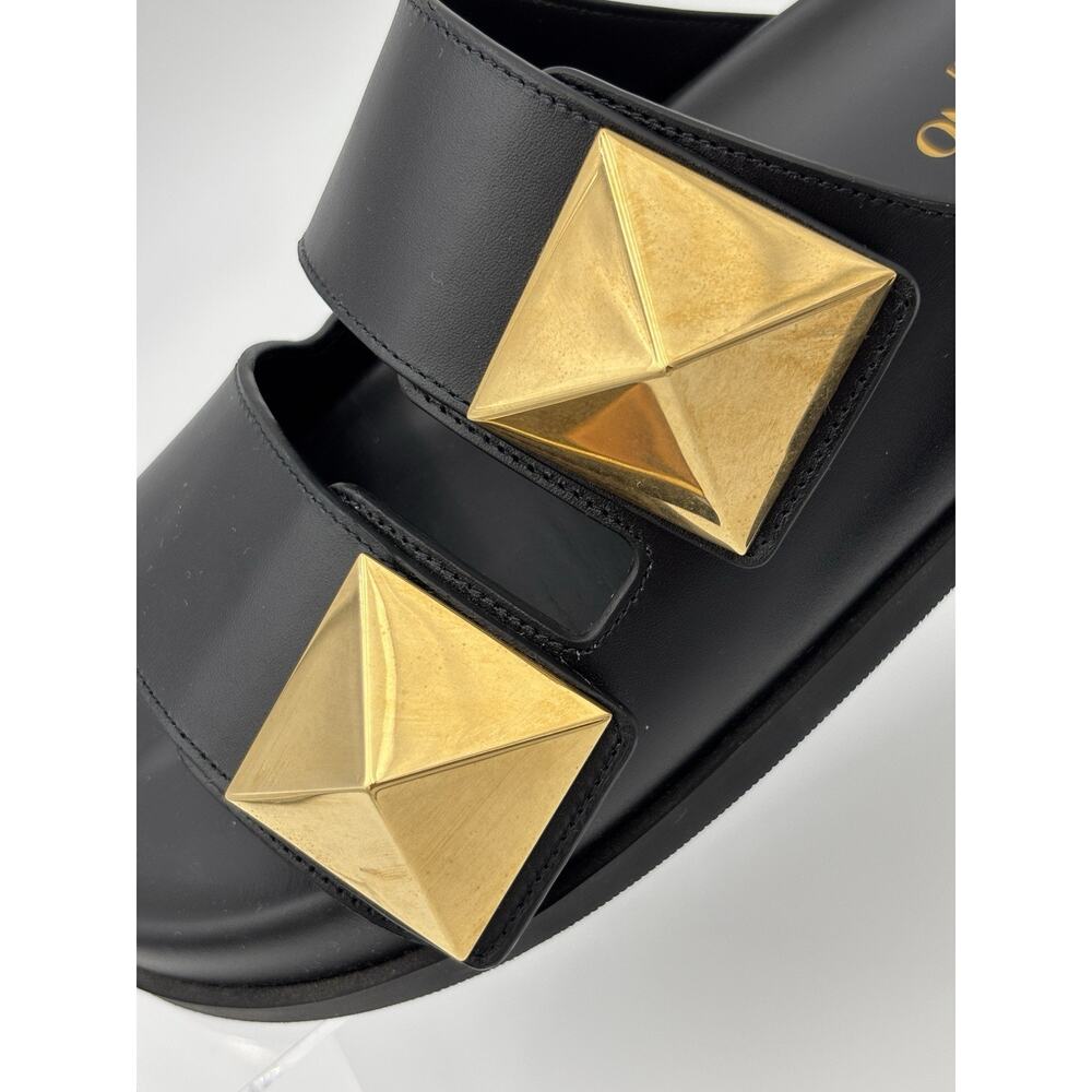 Authentic Valentino One Stud Rockstud Two Strap Sandal Black Gold Size 37.5 Dad - Picture 9 of 16